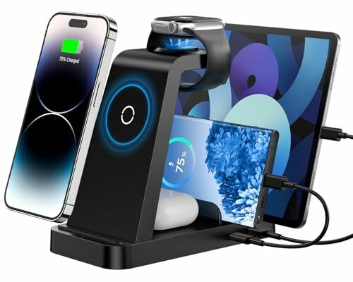 Wireless Charger for iPhone - 5 in 1 Charging Station for Multiple Devices Apple: Fast Wireless Charging Stand Dock for iPhone 16 15 14 13 12 Pro Max Apple Watch Airpods