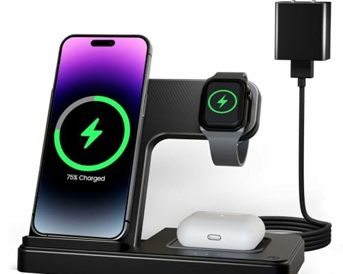 Wireless Charger iPhone Charging Station: 3 in 1 Charger Stand Multiple Devices for Apple - iPhone 16 15 14 Pro Max 13 12 11 - Watch 10 9 8 7 6 5 4 3 2 SE and Ultra Series - Airpods 4 3 2 Pro