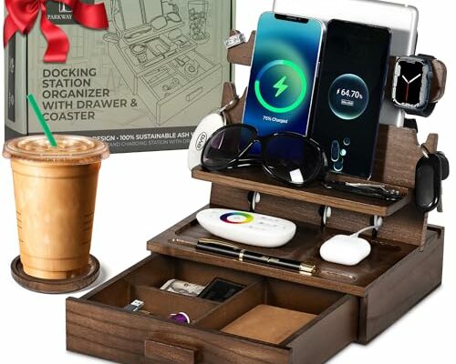 Wood Phone Docking Station for up to 3 Phones - Nightstand Organizer with Drawer for Valuables for Men & Women, Compatible with Apple Watch, Holds Phones, Tablets, Keys, Rings, Glasses, Watches & EDC