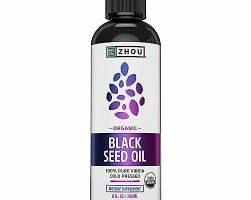 Zhou Organic Black Seed Oil | 100% Virgin Cold Pressed Omega 3 6 9 | Super Antioxidant for Immune Support, Joints, Digestion, Hair & Skin | Vegan, Gluten-Free, Non-GMO | 8oz