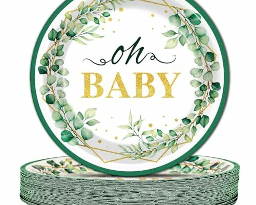 ZOIIWA 48 Pcs Oh Baby Eucalyptus Plates Baby Shower Party Supplies Sage Greenery Dessert Plates Greenery Disposable Paper Plates for Boys or Girls Gender Reveal Baby Shower Party Decorations Favors