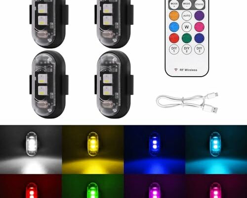 4PCS Wireless LED Strobe Lights with Remote Control, 8 Colors USB Charing Waterproof Anti-Collision Led Emergency Warning Lights for Car Motorcycle Drone Aircraft Bike