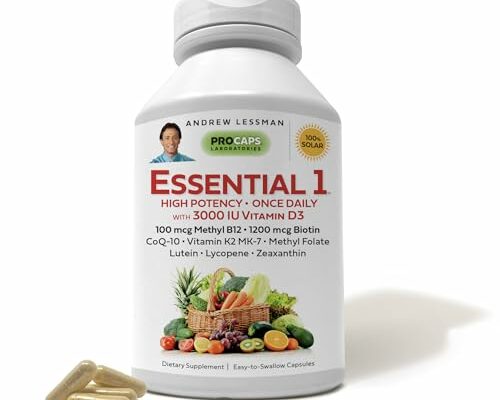 ANDREW LESSMAN Essential-1 Multivitamin 3000 IU Vitamin D3 180 Small Capsules – 100 mcg Methyl B12. CoQ10 Lutein Lycopene Zeaxanthin. High Potency. No Additives. Gentle Ultra-Mild. One Daily Capsule