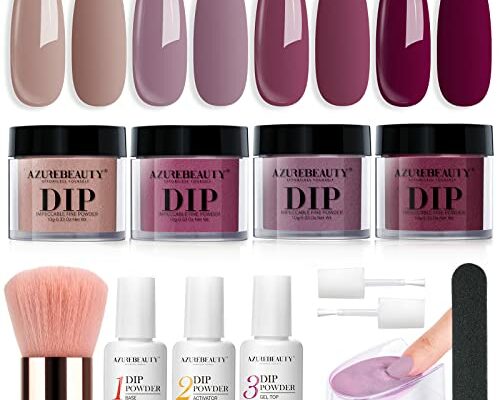 Dip Nails Powder Starter Kit, AZUREBEAUTY 4 Colors Intellectual lady Brown Purple Dipping Powder Set with Base & Top Coat Activator Recycling Tray for French Nail Art Manicure Salon DIY at Home