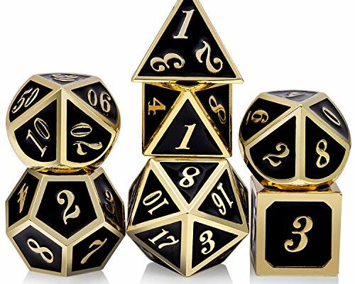 DNDND Metal Dice Set D&D, 7 die Metal Polyhedral Dice Set with Gift Metal Box and Gold Number for DND Dungeons and Dragons Role Playing Games (Black and Gold)