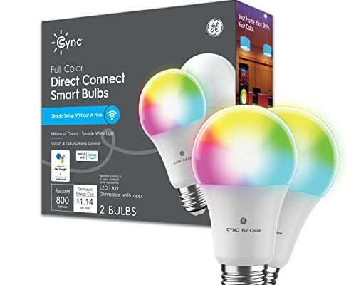 GE CYNC A19 Smart LED Light Bulbs, Color Changing Room Décor, Bluetooth and WiFi Light Bulbs, 60W Equivalent, Work with Amazon Alexa and Google Home (2 Pack)