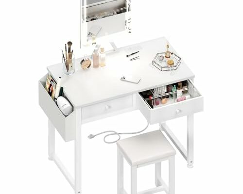 Lufeiya Small Makeup Vanity Desk with Fabric Drawers, 32 inch White Vanity Desks with Mirror and Light, Dressing Table and Chair Set with Power Outlet for Girls Bedroom, White