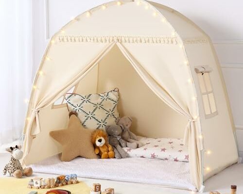 Medium Toddlers Bed Tent Canopy: with Lights and Flags for Girls and Boys House Gifts - Monobeach Kids Play Tent Indoor Princess Toys - Portable and Foldable Children Playhouse Outdoor