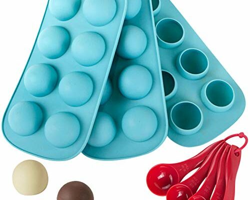 Webake Silicone Chocolate Candy Molds, Round Sphere Baking Molds for Cordial Truffle, Jello Pudding Ball Ice Cube Peanut Butter, Set of 3, Bonus Filling Scoop Set